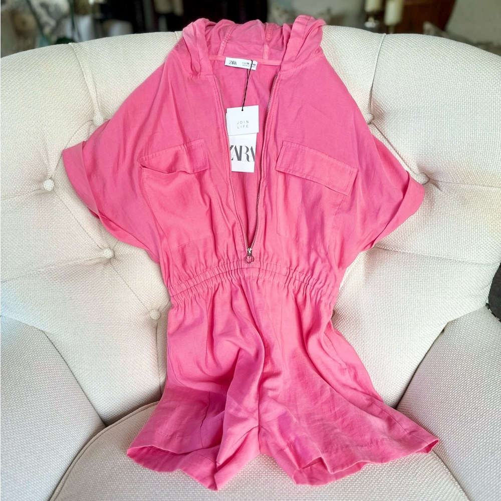 Zara Pink Zip-Up Hooded Romper